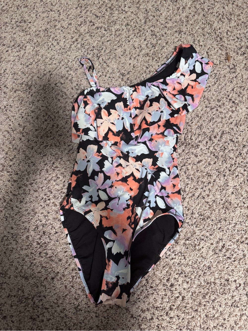 Women’s One-Shoulder Floral Swimsuit in Black with Pastel Flowers